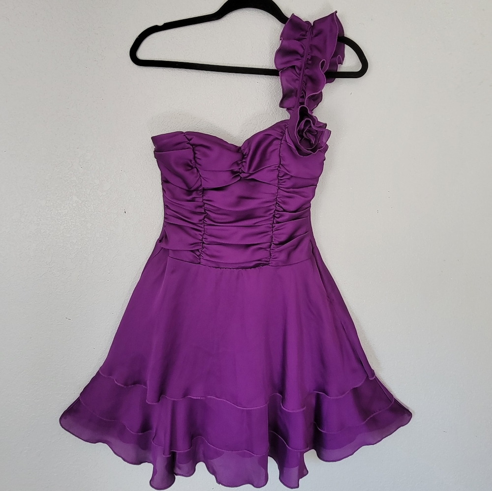 Purple one shoulder ruffle flowy dress
